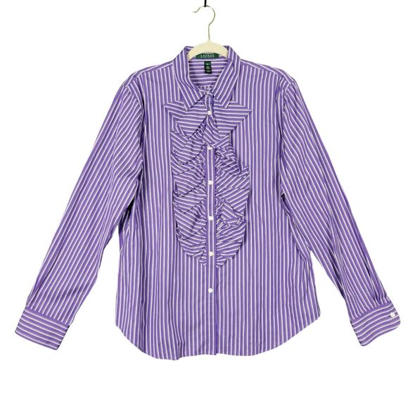 Lauren Ralph Lauren Tops - LAUREN RALPH LAUREN Purple Striped Ruffle Button Top Academia Career SIZE XL